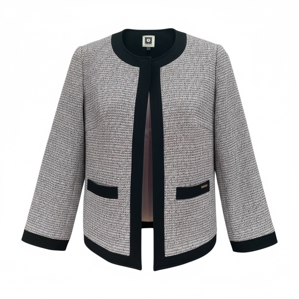 Anne Klein Black Trim Gray Tweed Open Front Blazer